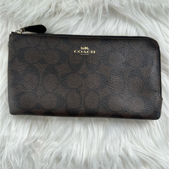 Coach Handbags - Coach Signature Brown/Black Coated Canvas Double Corner Zip Wallet